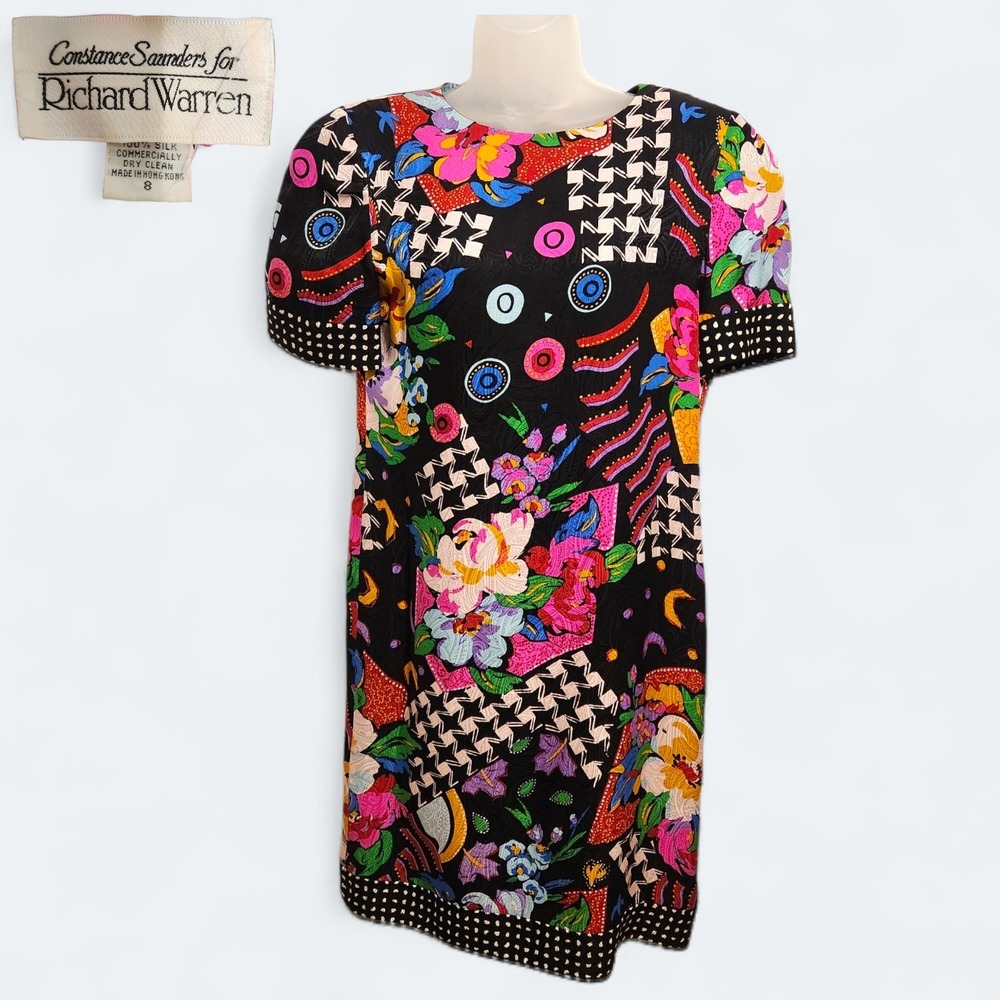 Constance Saunders for Richard Warren Vtg 100% Silk Pop Art Geometric Dress Sz 8